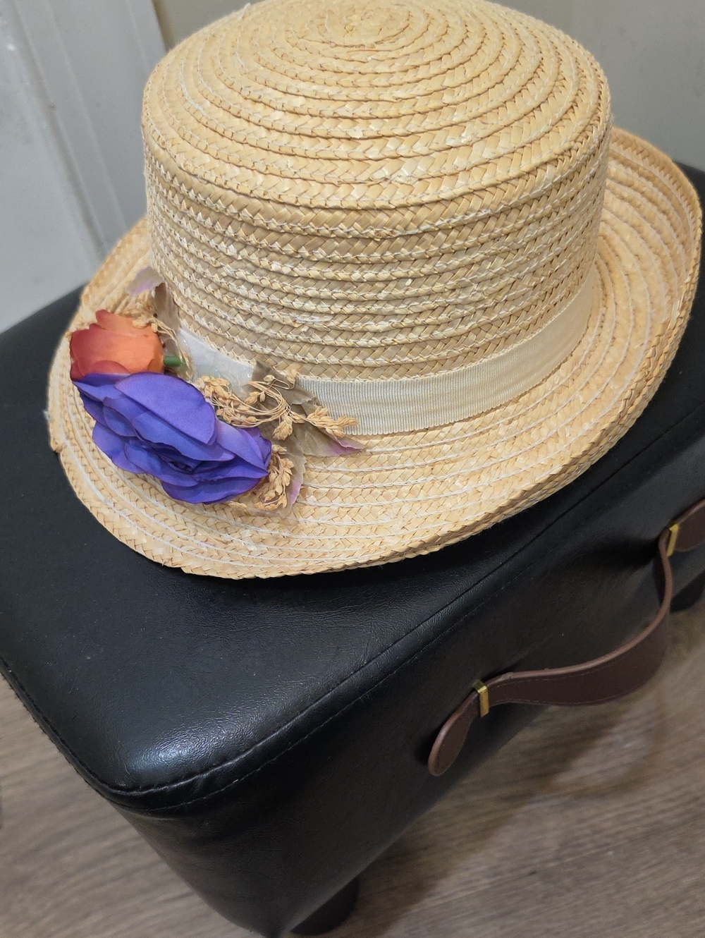 Straw Boater Hat with Purple & Orange Flower Accent - Picture 1 of 3